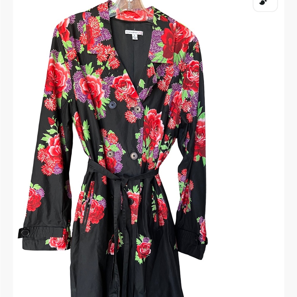 Isaac Mizrahi Lined Black Floral Double Breasted Trench Coat with Tie size L!